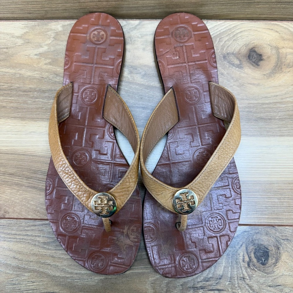 Tory Burch Thora Flip Flops Womens 8 M Tan Pebble Leather Thong Sandals